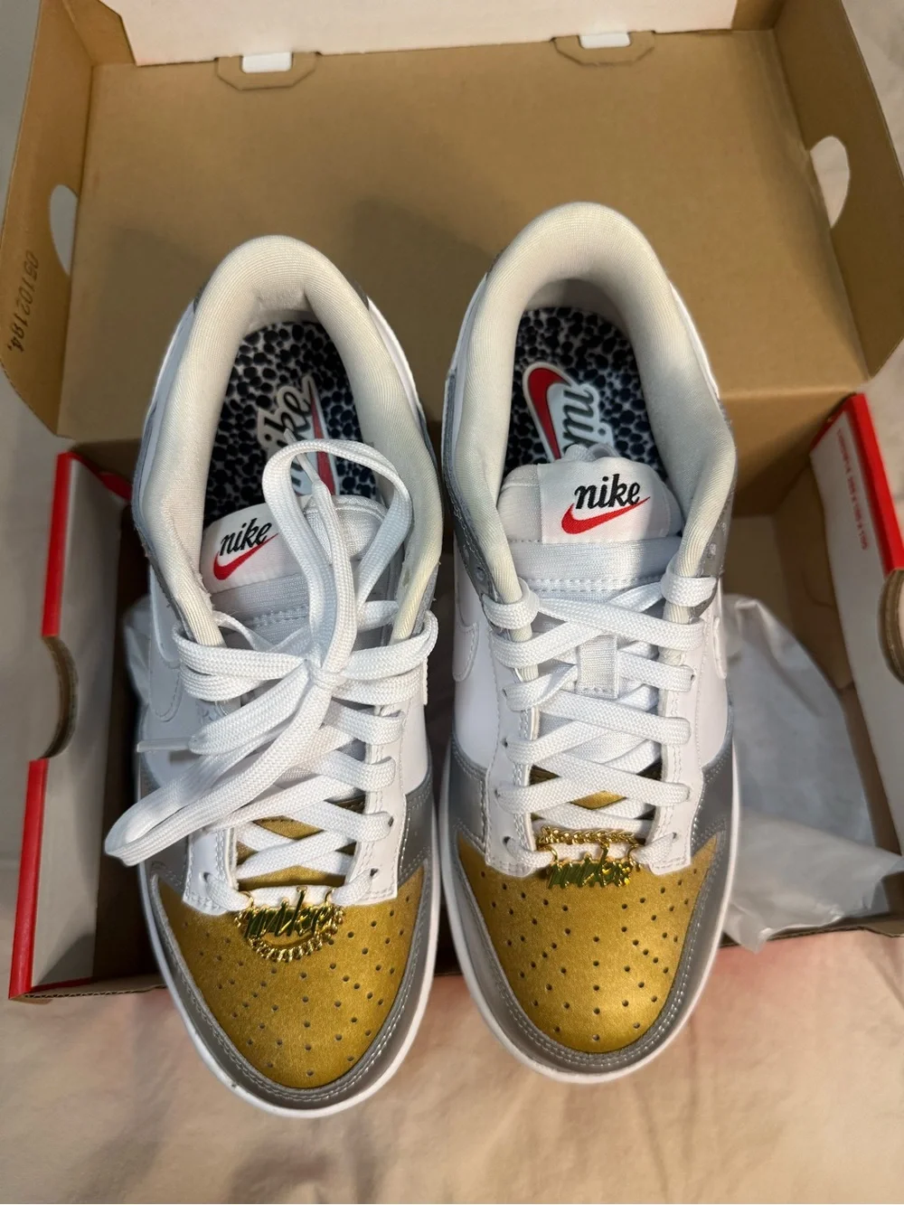 Nike White, Gold & Silver Low Top Sneakers